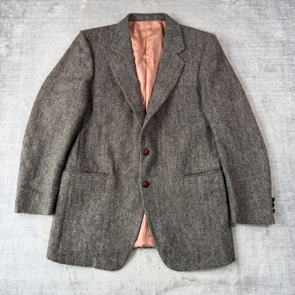Harris Tweed Blazer Mens 44 Grey Brown Herringbone Wool Sport Coat Scotland Ivy